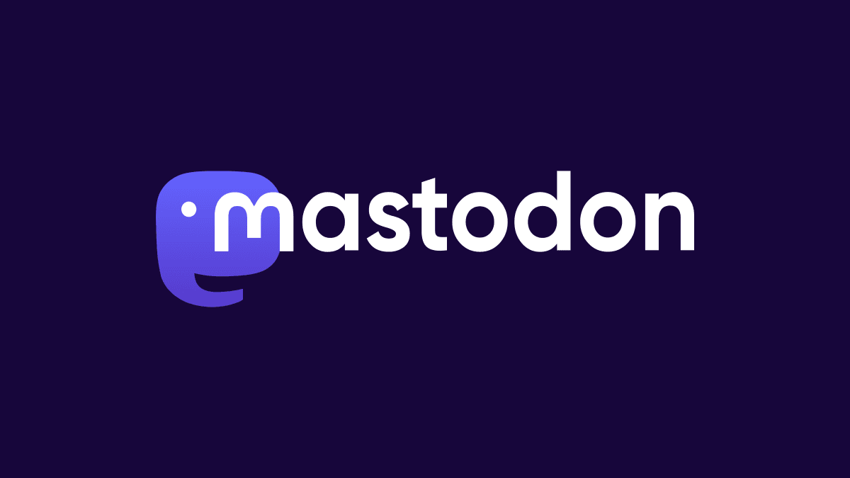Official Mastodon wordmark in white and purple on a dark purple background