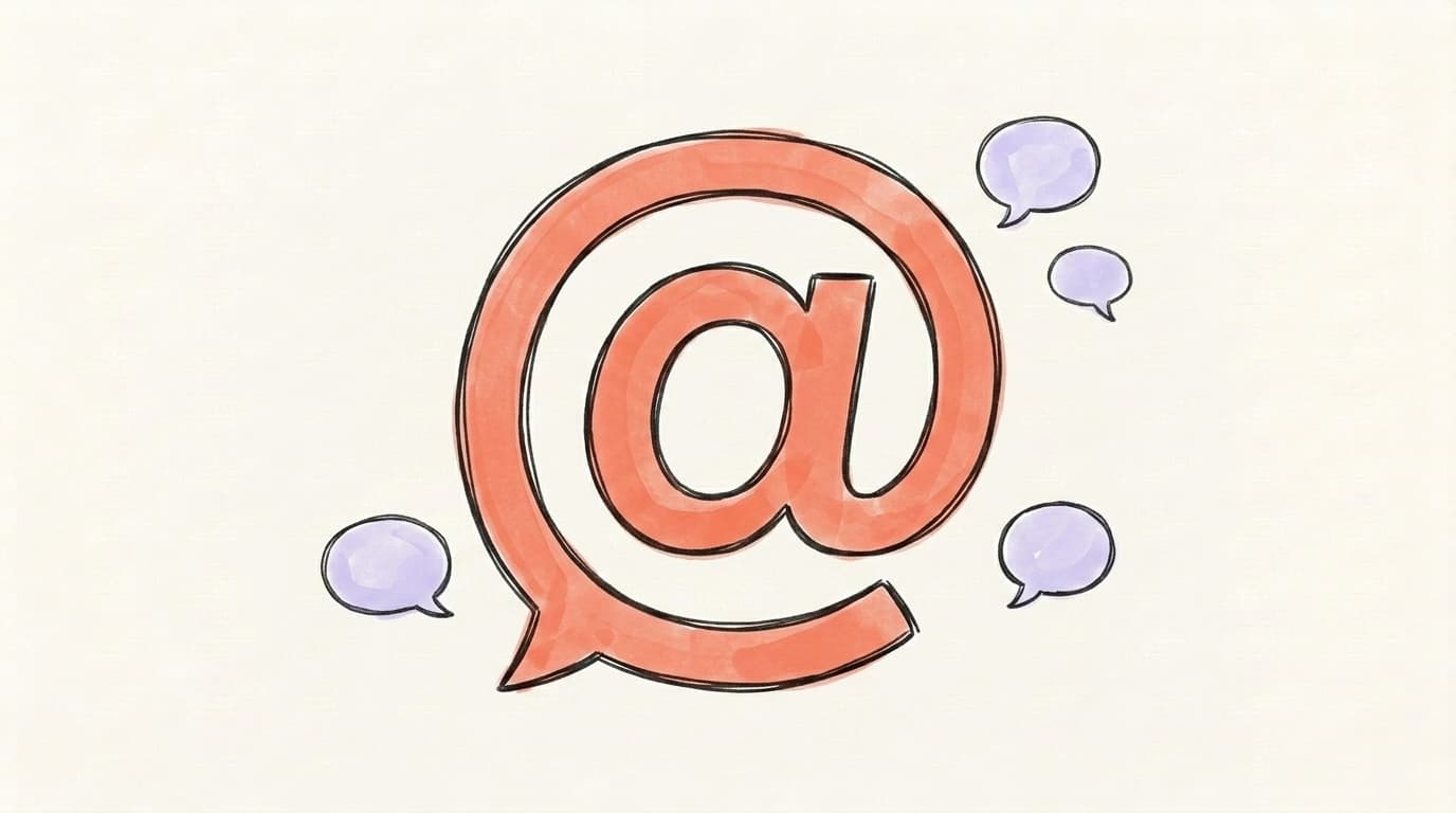 A hand-drawn salmon-coral @-shaped speech bubble surrounded by smaller lavender speech bubbles, representing Threads as a public conversation app