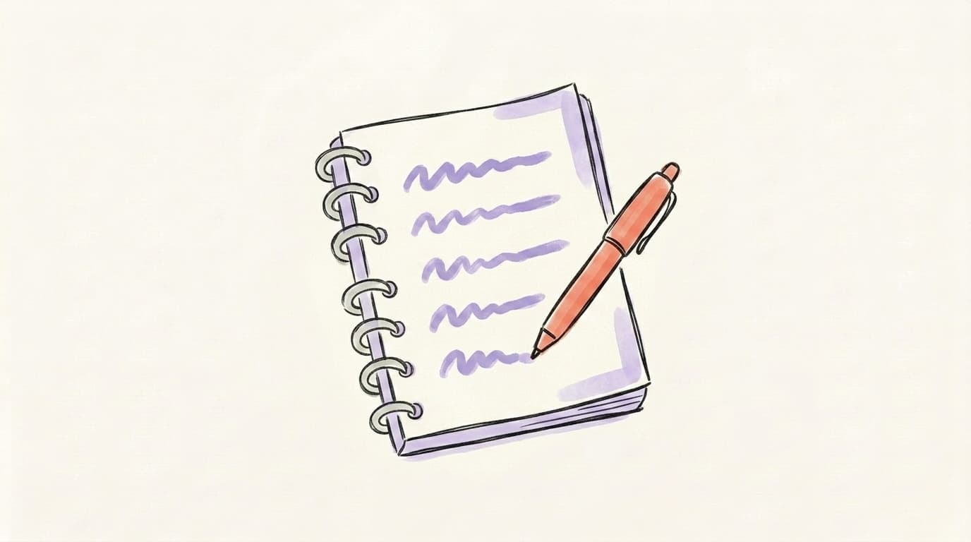 A hand-drawn notebook with bulleted lines and a salmon-coral pen, representing LinkedIn comment templates