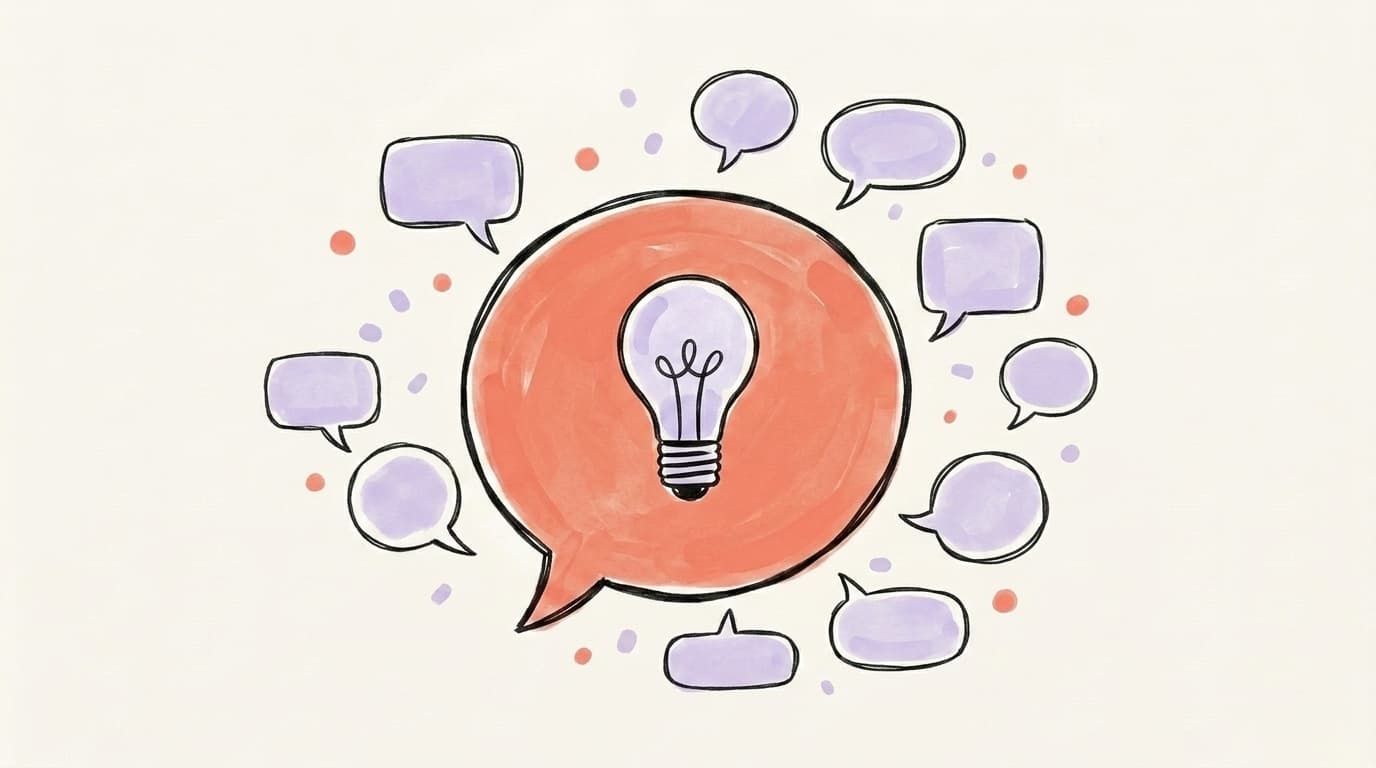 Hand-drawn salmon-coral speech bubble surrounded by smaller lavender comment bubbles with a lightbulb at the center
