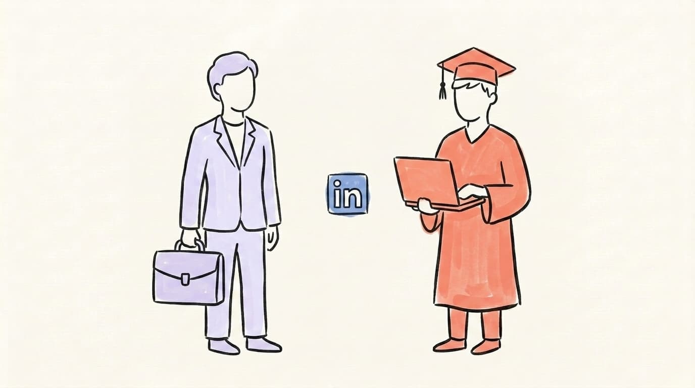 Hand-drawn illustration of two figures side-by-side representing a business founder with briefcase and a student with laptop, with a small LinkedIn icon between them