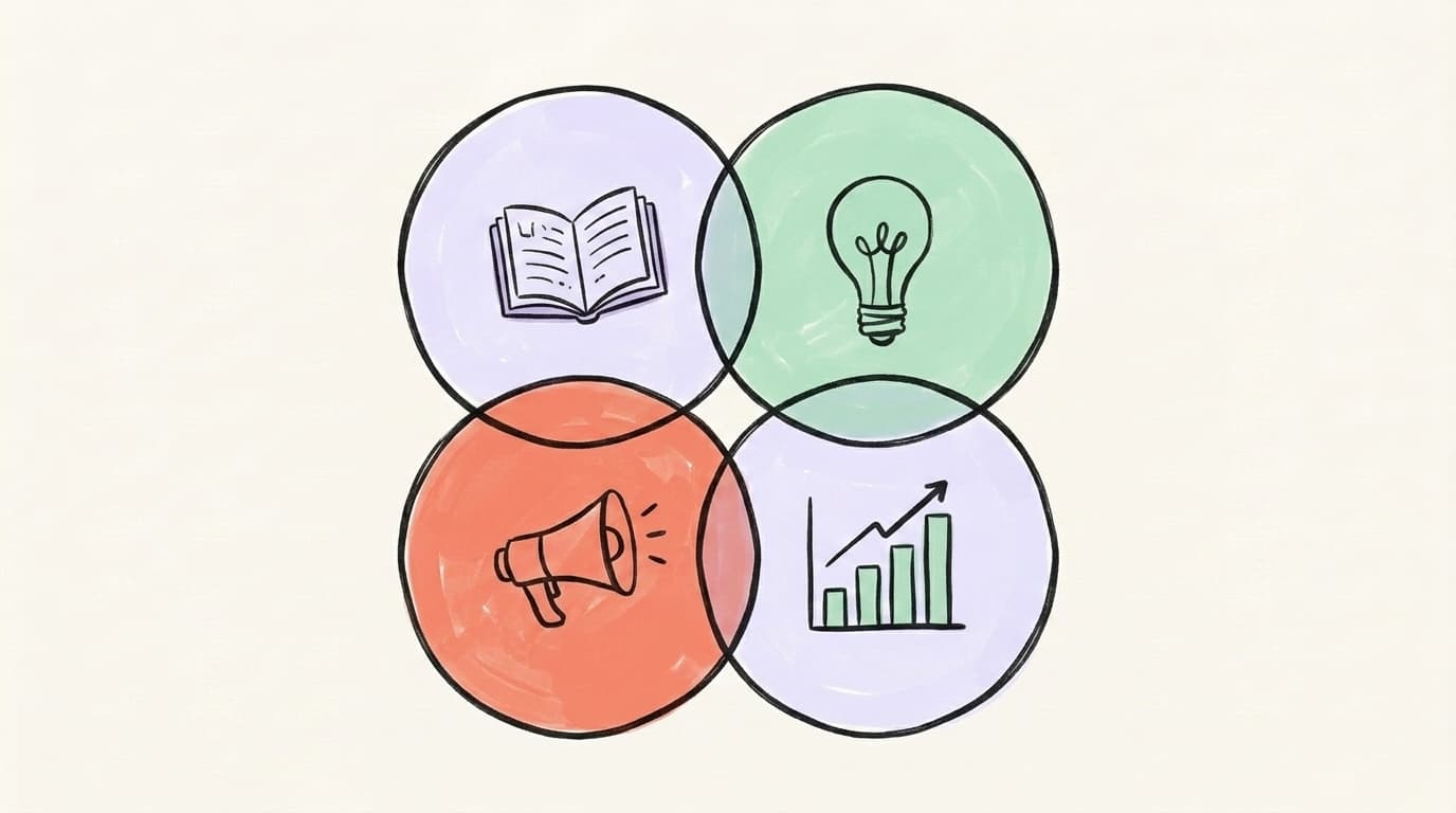Hand-drawn illustration of four connected circles labeled with simple icons representing story, tip, opinion, and data