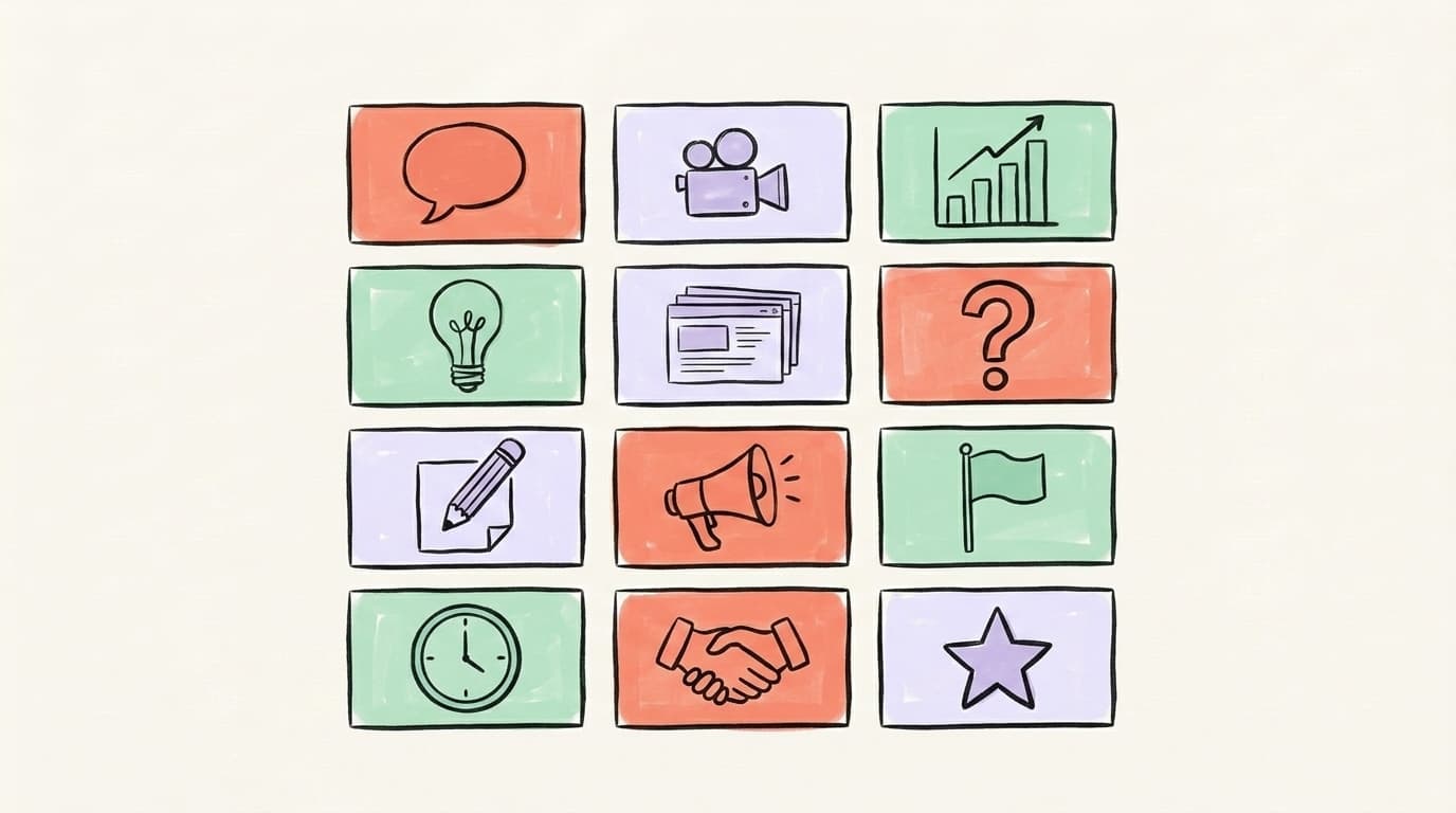 Hand-drawn illustration showing a rotation of 12 LinkedIn post formats — carousels, short videos, personal stories, data breakdowns and more — laid out like a weekly content menu