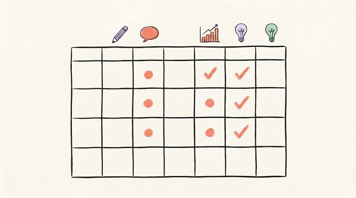 Hand-drawn illustration of a weekly calendar grid with salmon-coral dots marking 3-4 posting days, each tagged with a small post-type icon — a pencil, a speech bubble, a chart