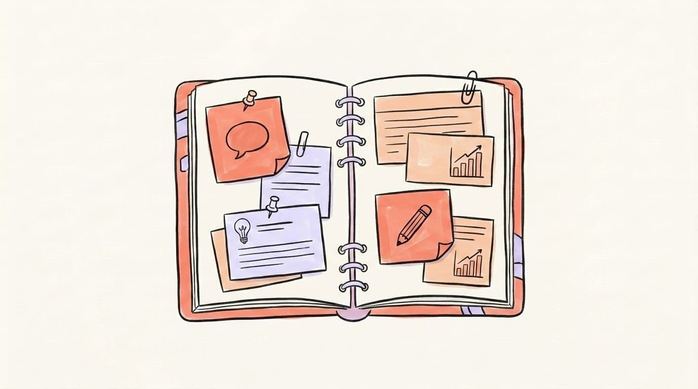 Hand-drawn illustration of an open notebook working as a post-ideas swipe file, with pinned sticky notes and clipped index cards sporting small speech-bubble, lightbulb, pencil and chart icons