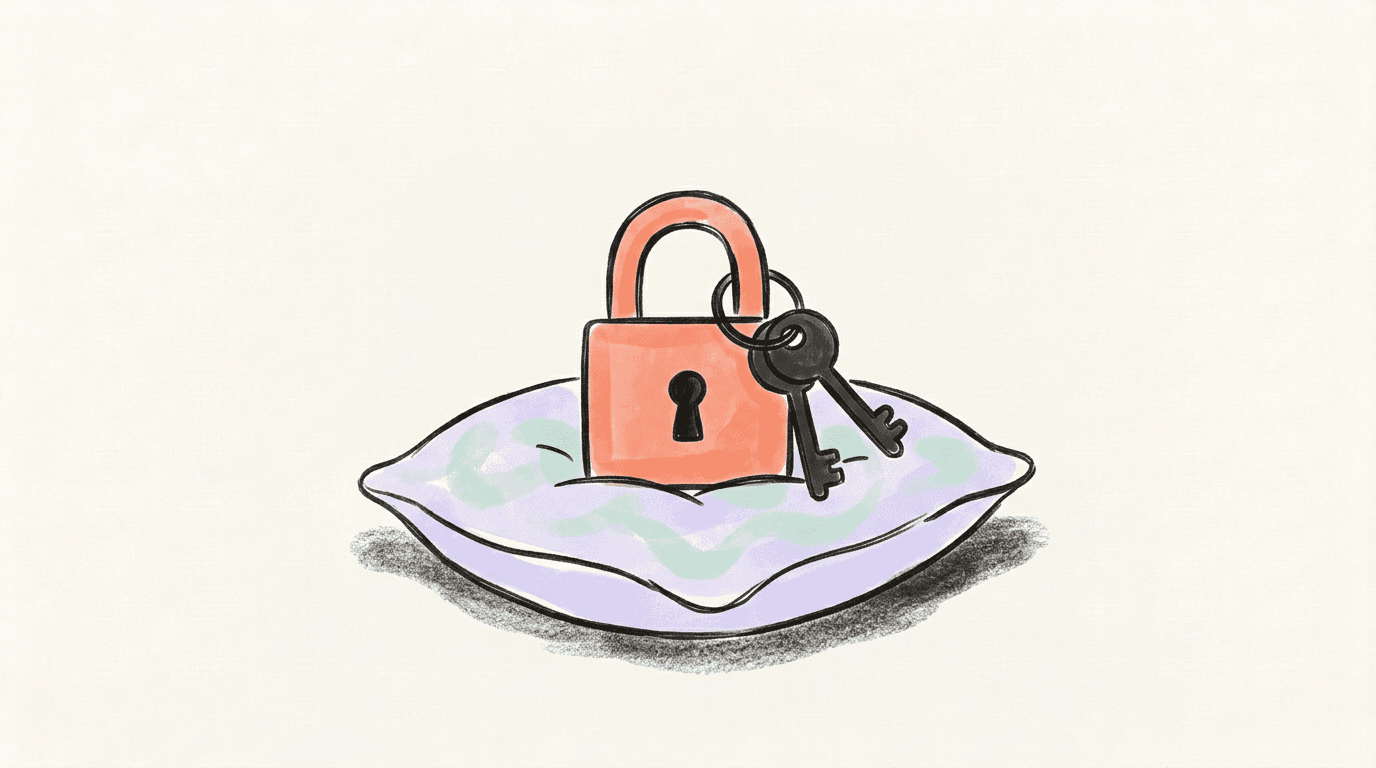 A coral padlock with a pair of dark keys hanging from its shackle, resting on a lavender cushion