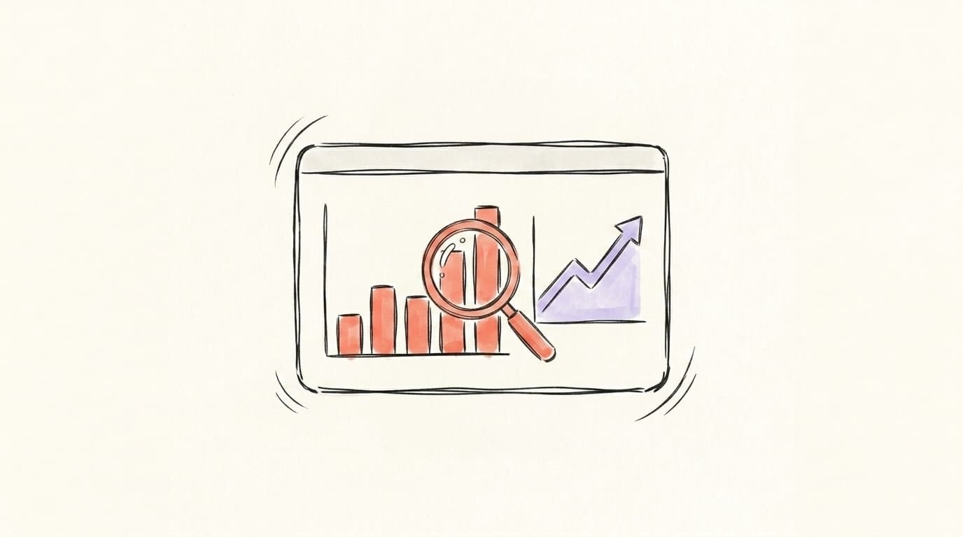 Hand-drawn analytics dashboard panel with a small bar chart, an upward-trending line graph, and a magnifying glass over the data