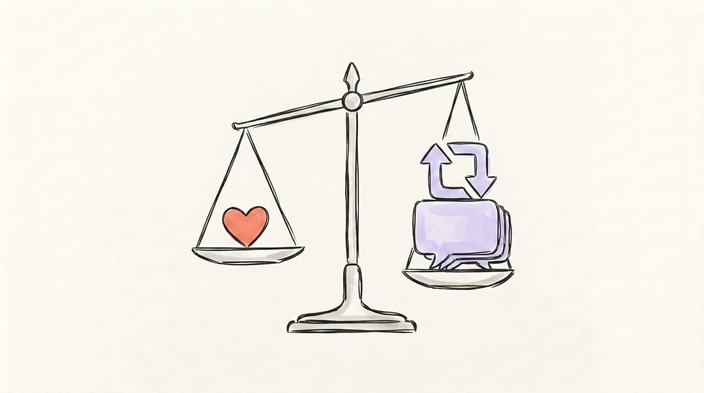 Hand-drawn balance scale weighing a small heart icon against a heavier stack of reply bubbles and a repost arrow