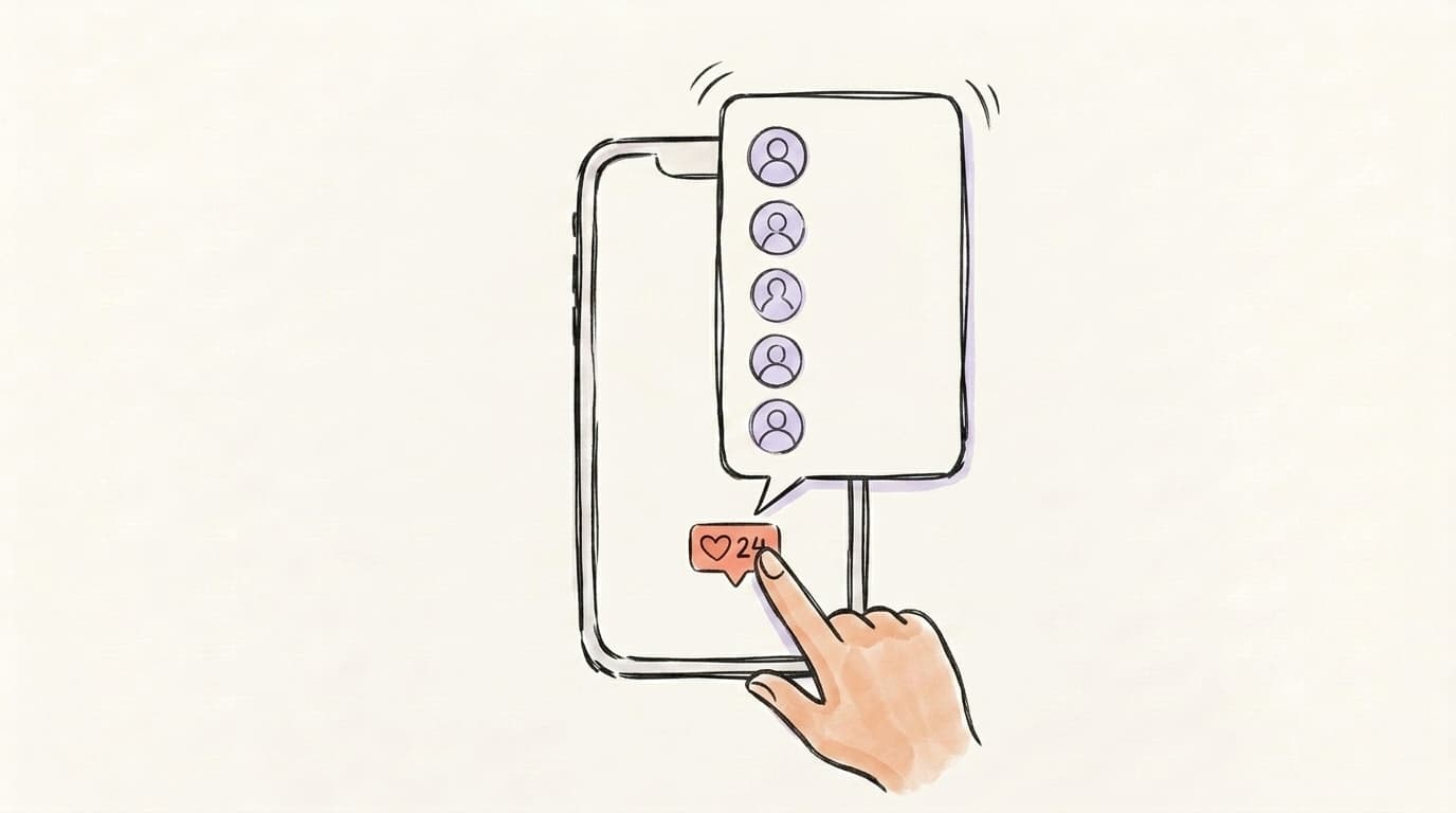 Hand-drawn illustration of a finger tapping a heart-count button on a smartphone, with a list of profile avatars appearing
