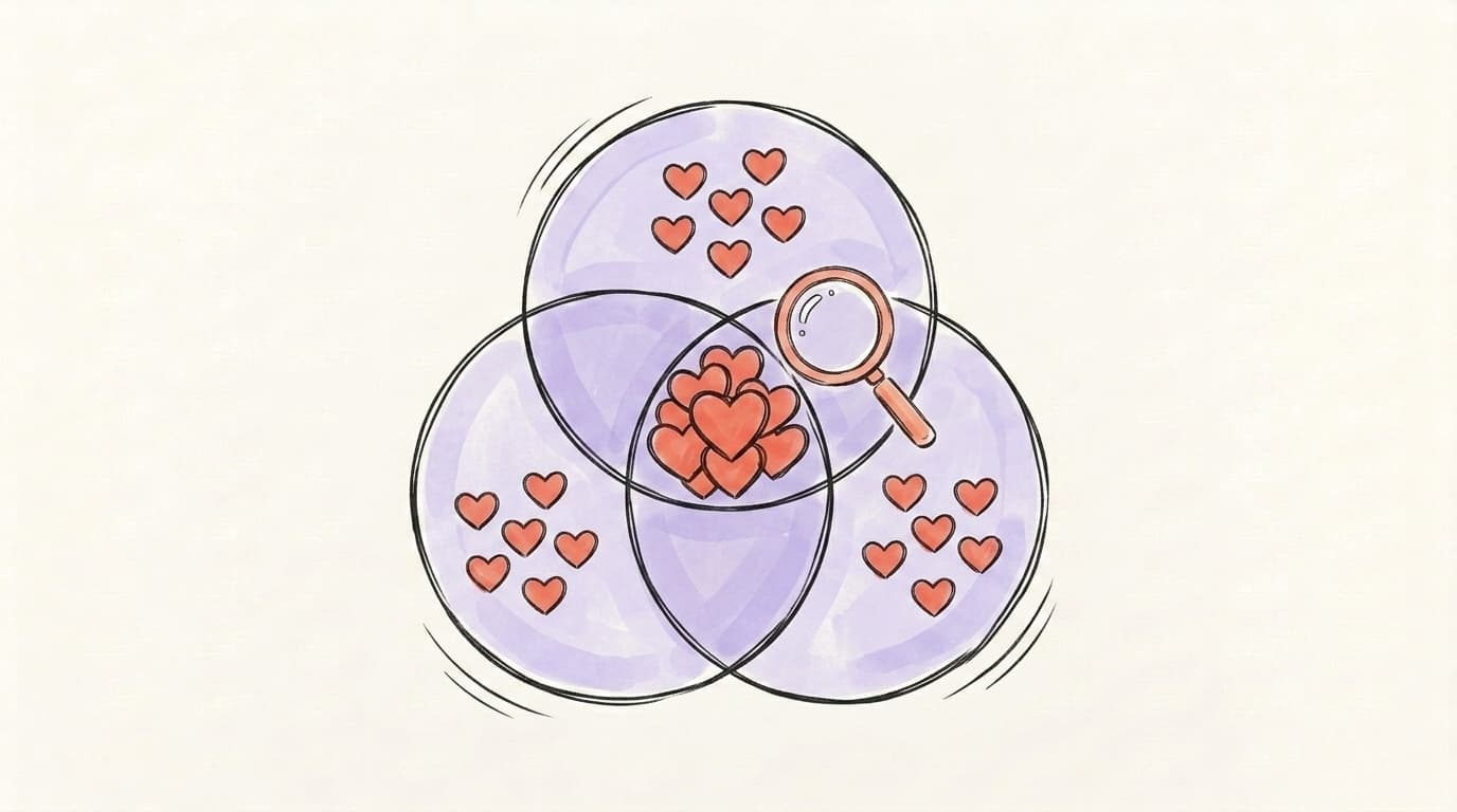 Hand-drawn Venn diagram of three overlapping circles with heart icons, repeat engagers concentrated in the center