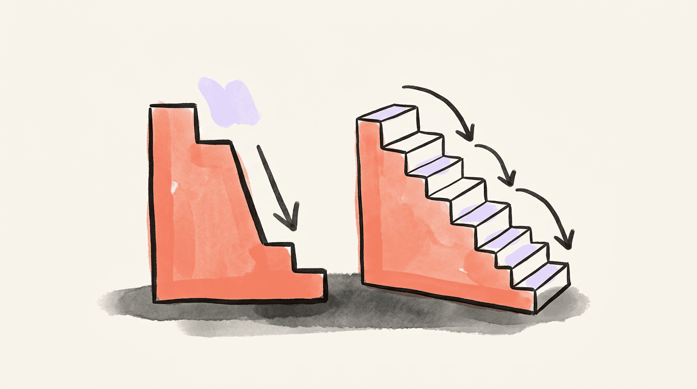 Two coral staircases side by side, one falling in a single steep drop and the other stepping down gently, ink arrows tracing each