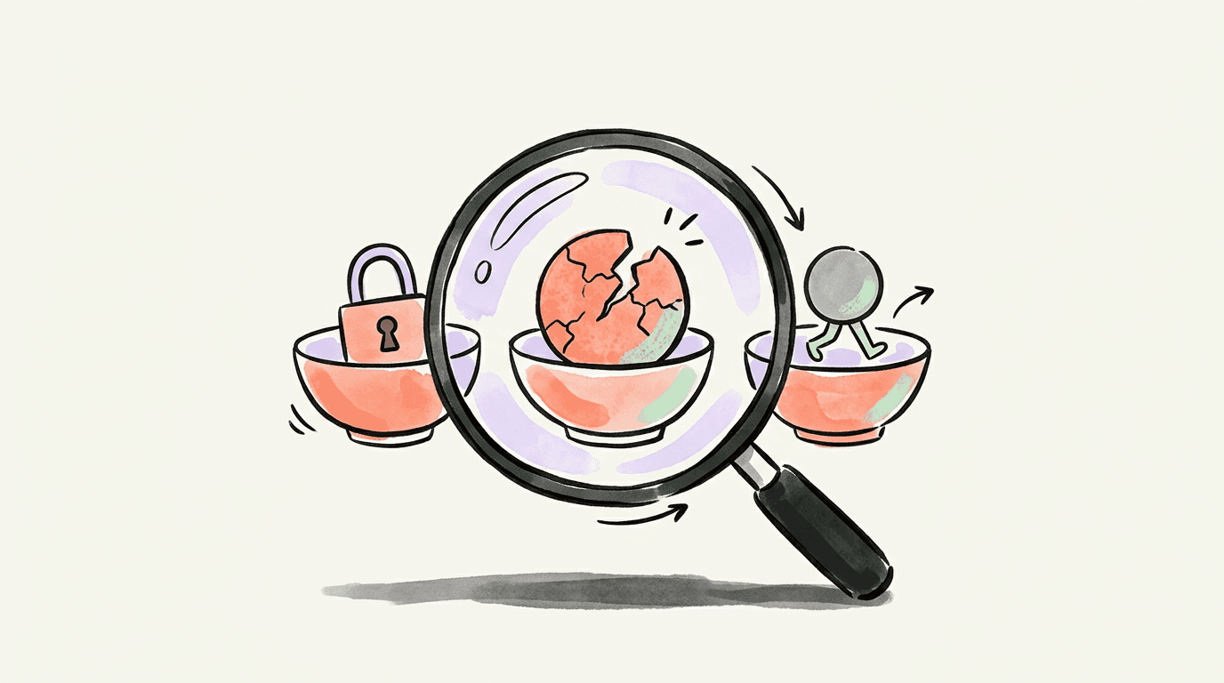 A magnifying glass over a cracked coral ball in a bowl, between a bowl holding a padlock and a bowl a small grey circle is walking out of