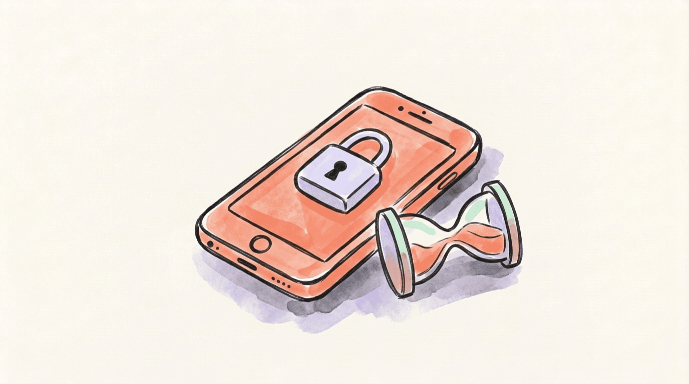 Hand-drawn smartphone lying face up with a small padlock resting on its screen and a tipped hourglass beside it