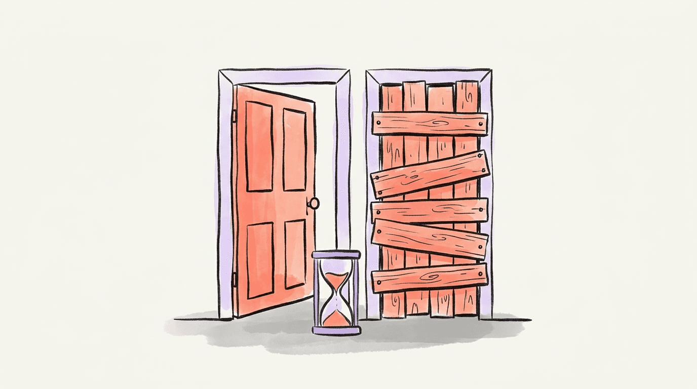 Hand-drawn door standing ajar with an hourglass in front of it, beside a second doorway sealed with wooden planks