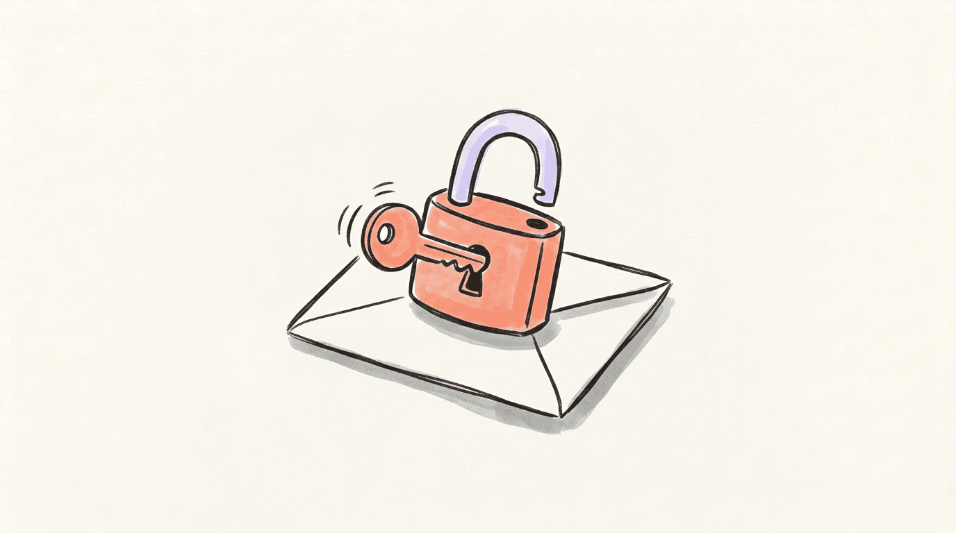 Hand-drawn open padlock with a key in its keyhole, resting on a plain paper envelope