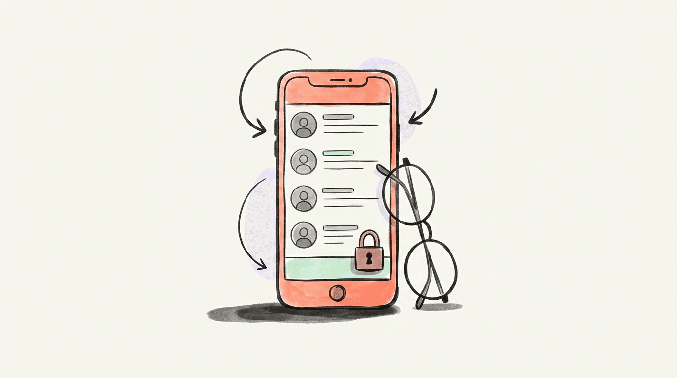 Hand-drawn illustration of a phone whose feed still scrolls, with a padlock over the compose button and reading glasses beside it