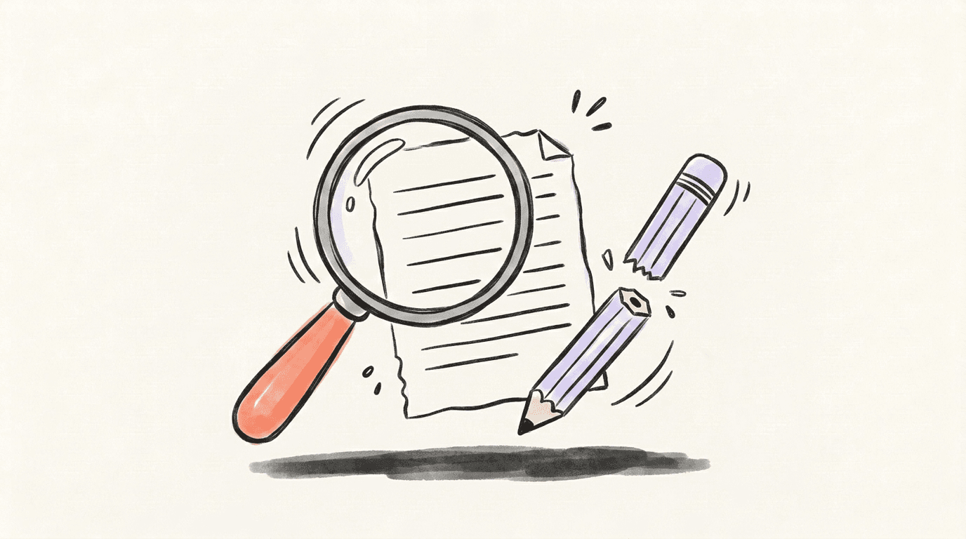 Hand-drawn magnifying glass over a page of text lines, beside a pencil broken cleanly in two