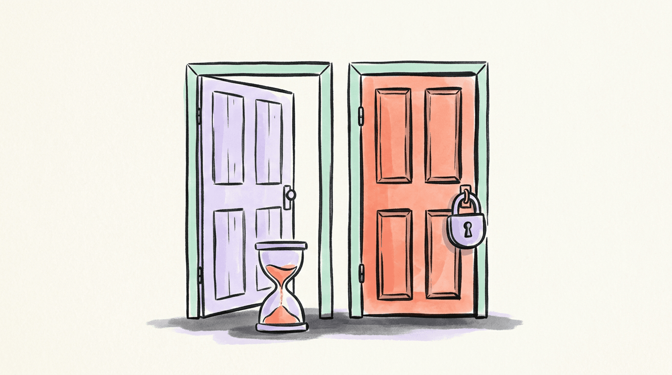 Two hand-drawn doors side by side: one ajar with an hourglass in front of it, the other shut with a padlock