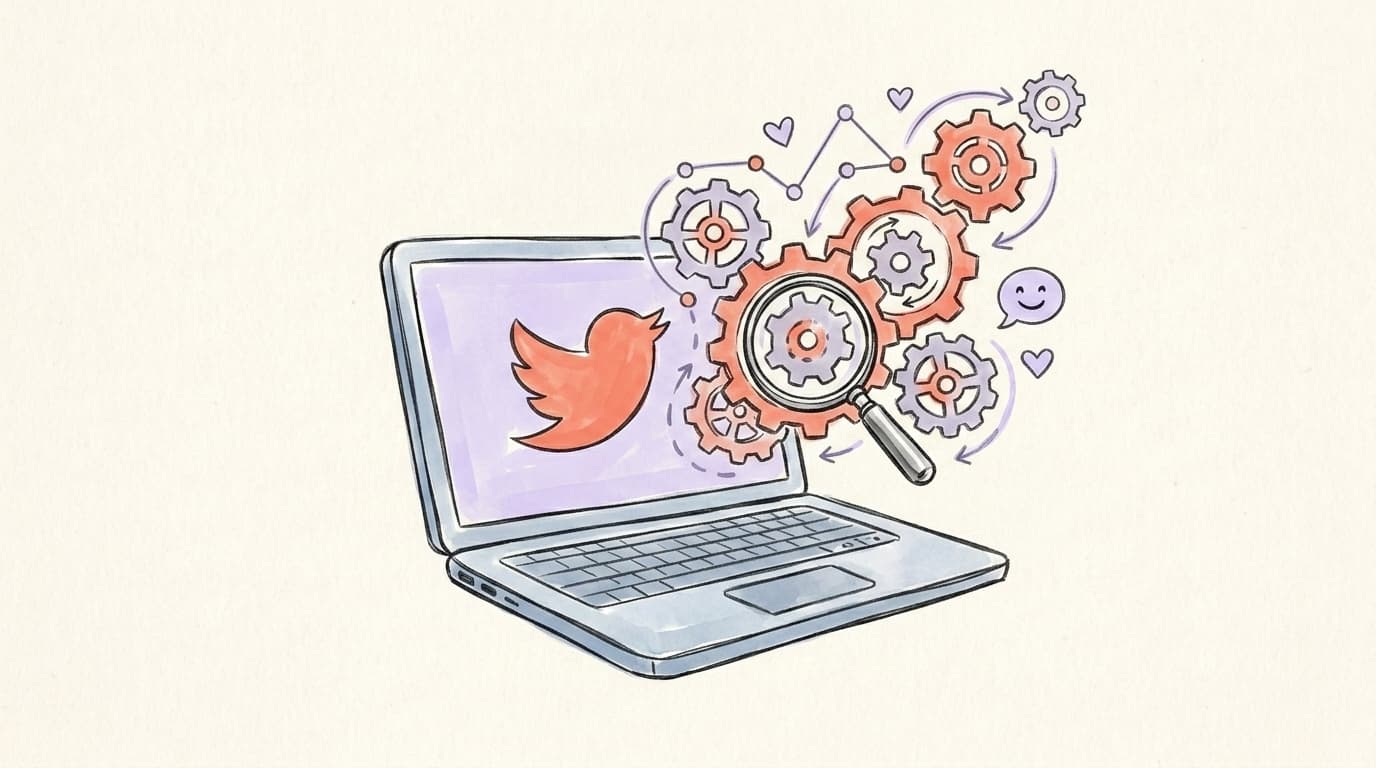 Hand-drawn laptop showing the X bird with gears and a magnifying glass spilling out of the screen — the X algorithm cracked open