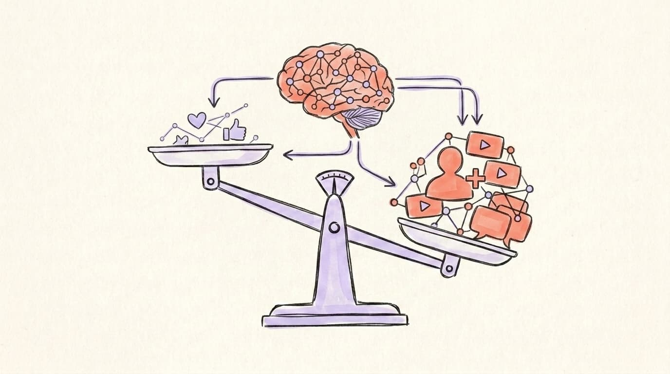 A hand-drawn balance scale weighing strong positive signals like follows and replies against weak signals like likes, with a transformer-brain feeding both sides