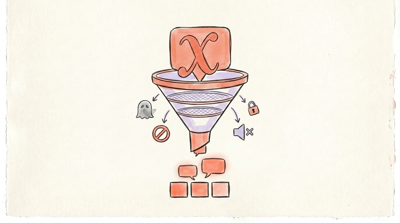A hand-drawn funnel with multi-layer sieves filtering an X post — ghosts, do-not-enter signs, and muted-speaker icons spill out the sides while a few posts reach the feed