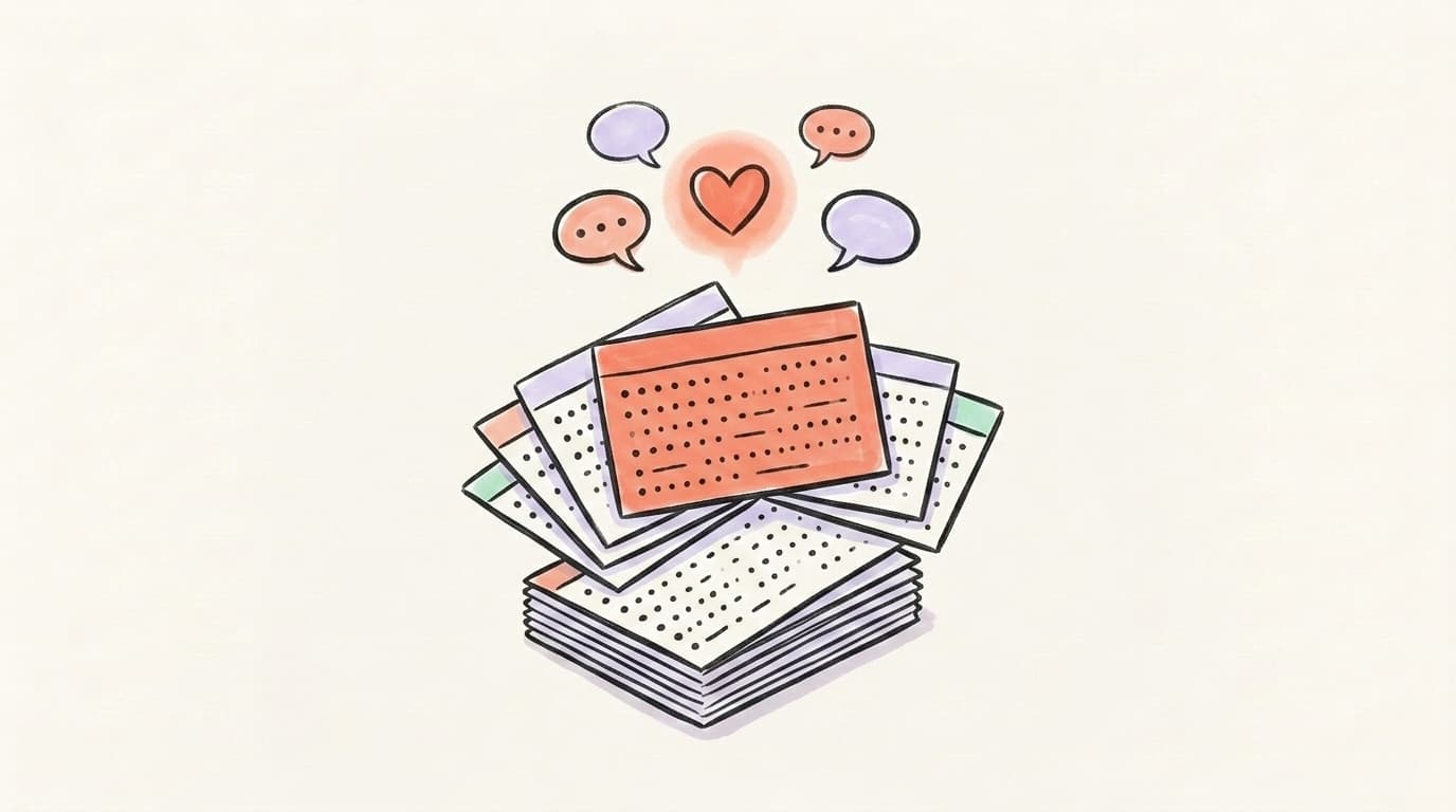 Hand-drawn illustration of a stack of X list cards with speech bubbles and a heart floating above, representing engagement