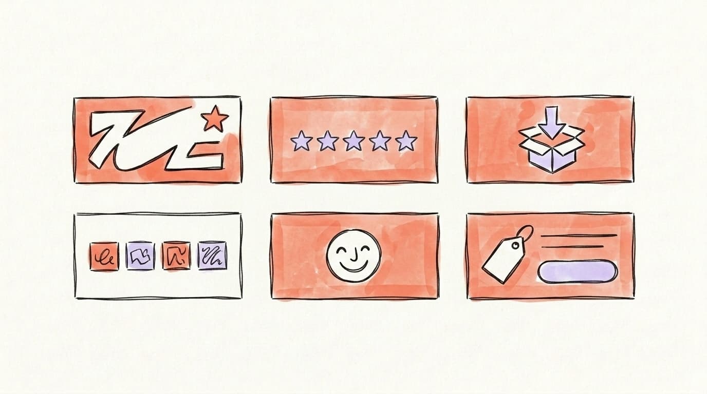 Six X banner archetypes shown as icon-only banner tiles: value prop (logo), social proof (stars), lead magnet (download box), credibility (logo grid), personality (smiley), offer (price tag)