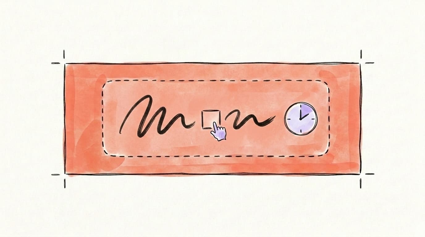 A hand-drawn X banner on a design canvas with a single brush-stroke line standing in for text, a cursor placing one centered shape, and a small clock marking the ten-minute build