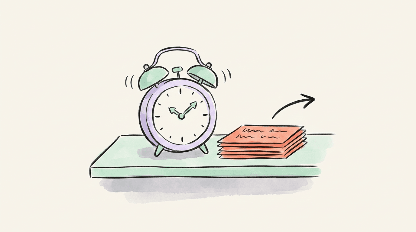 An alarm clock on a desk beside a neat stack of handwritten note cards waiting to be sent