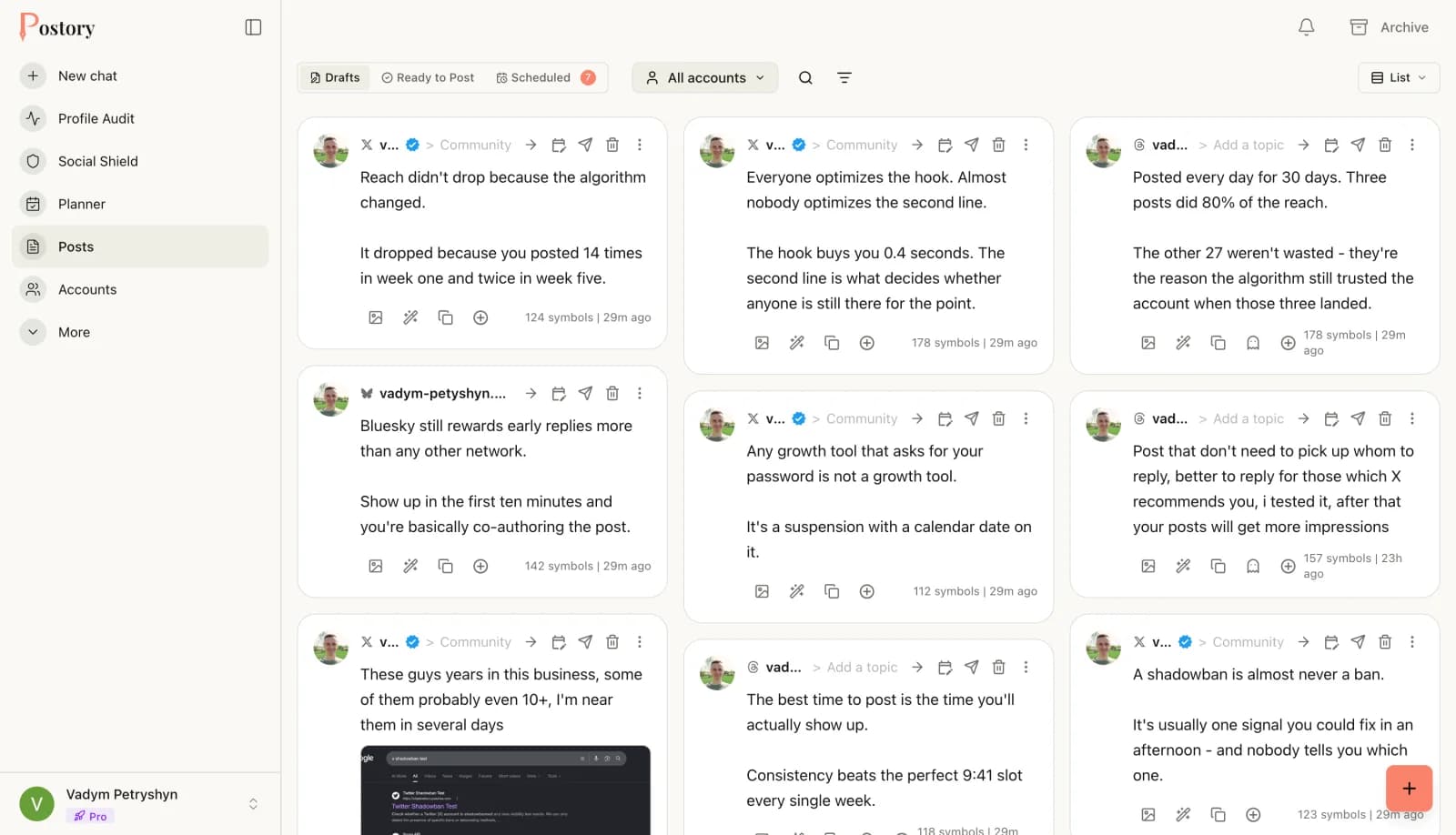 Postory drafts workspace showing posts across connected accounts