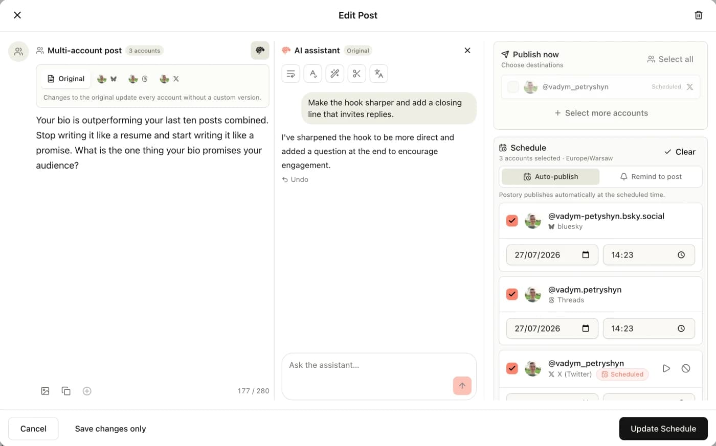 Postory scheduling and publishing screen with multiple connected accounts