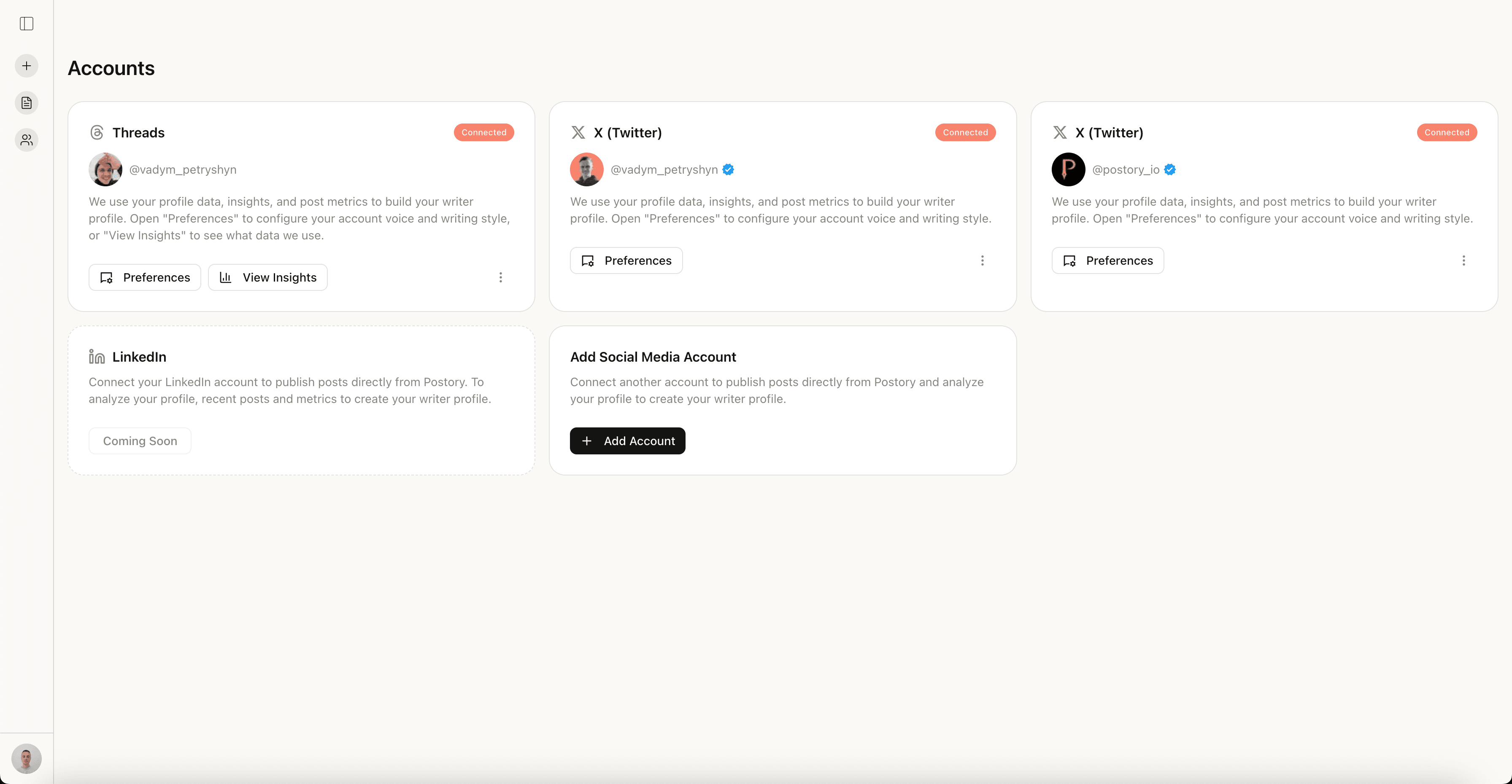 Publish to X, LinkedIn & Threads at once — Postory multi-platform publishing feature screenshot