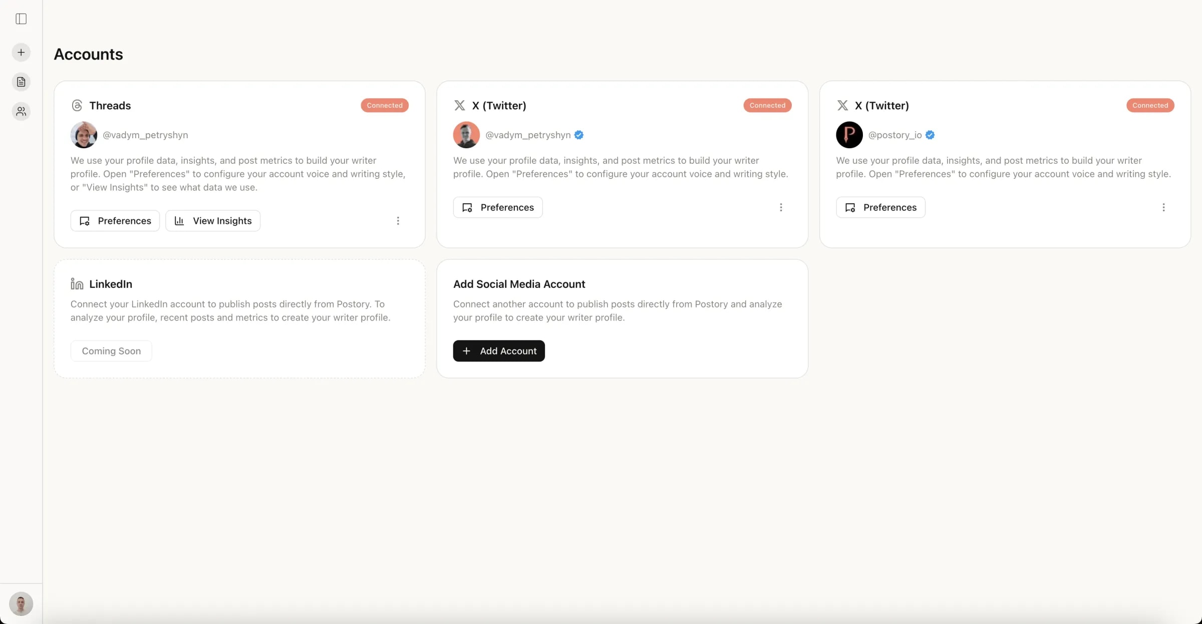 Postory connected accounts — X, Threads & LinkedIn ready to publish