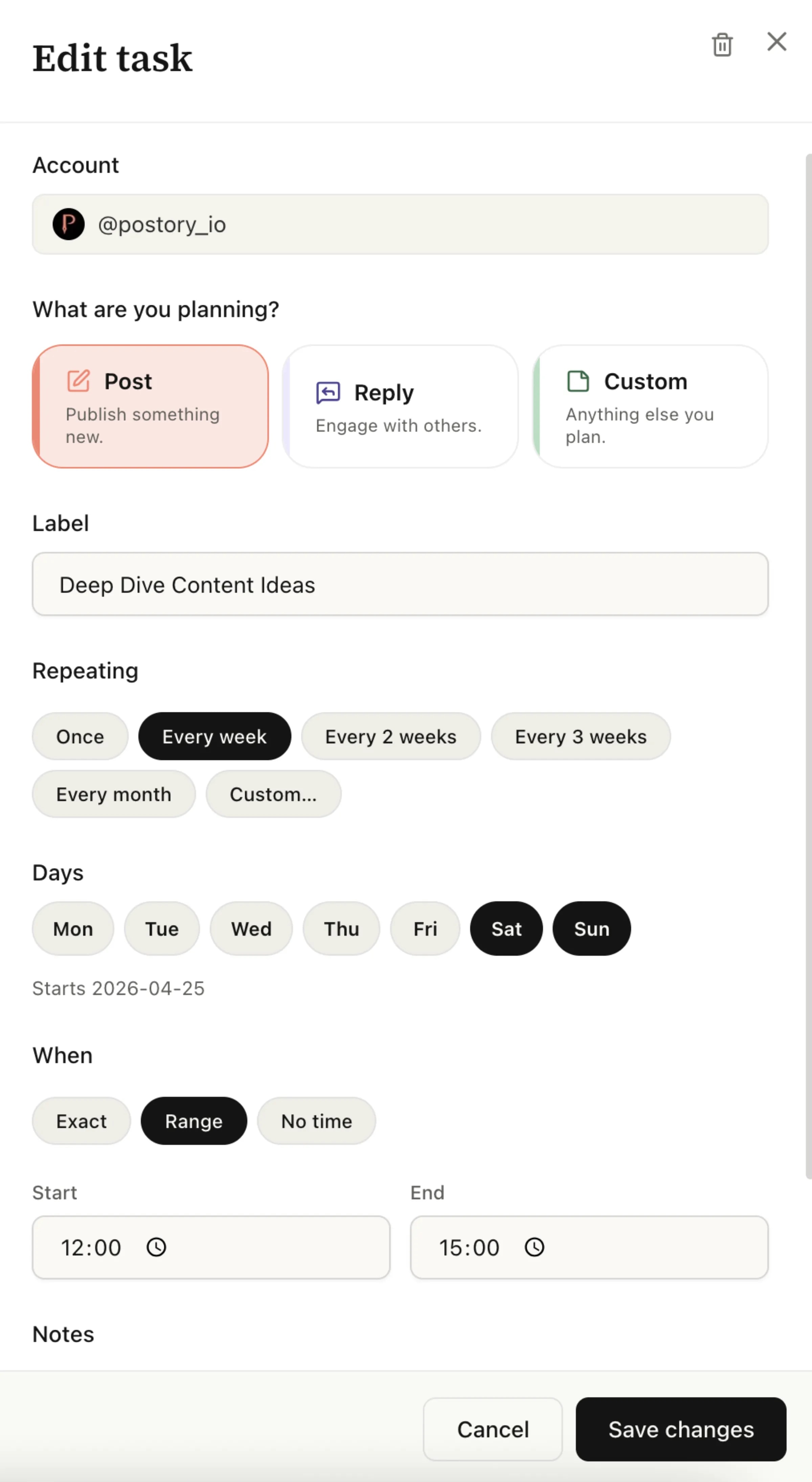 Postory calendar — task detail drawer with cadence and timezone