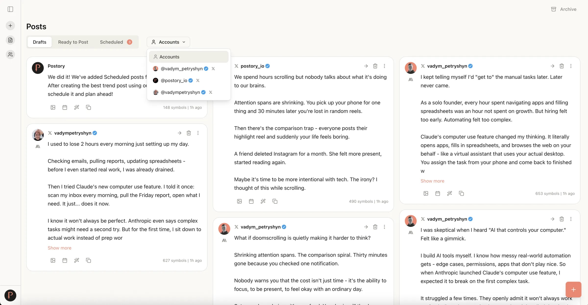 Postory workspace — drafts, ready and archive lanes with inline editor