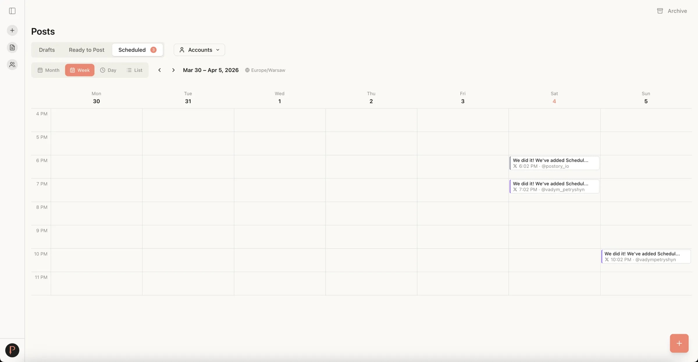 Postory calendar — drag posts to schedule and reschedule