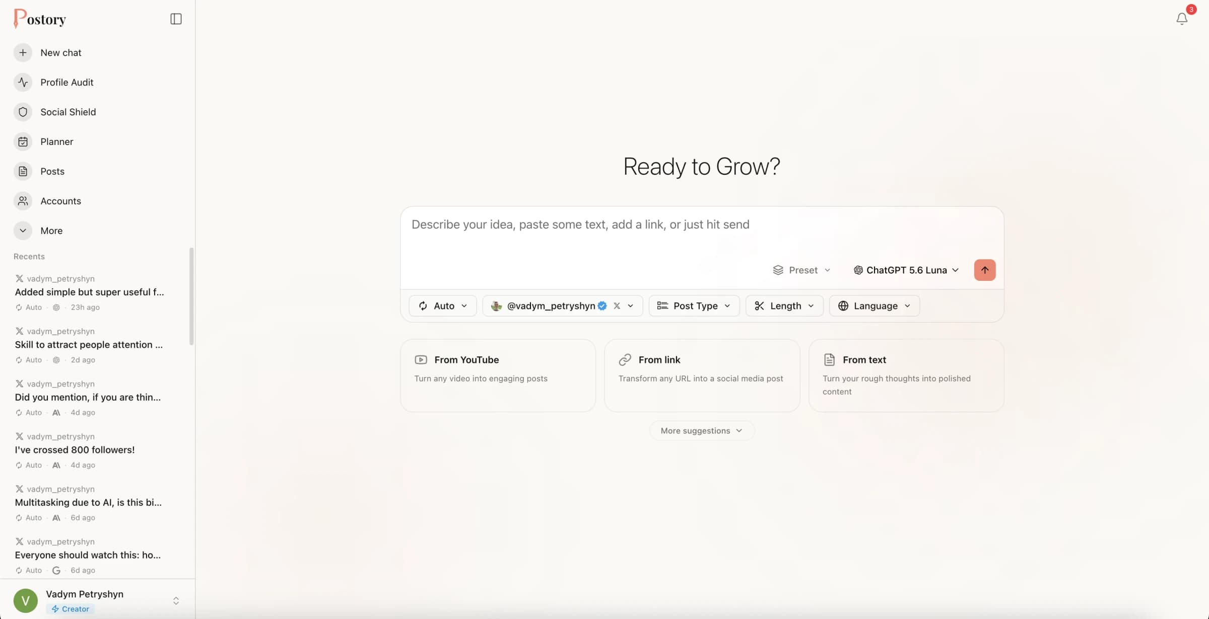The Postory app: turn a YouTube video, link or rough idea into a post, with Profile Audit, Social Shield and Planner in the sidebar