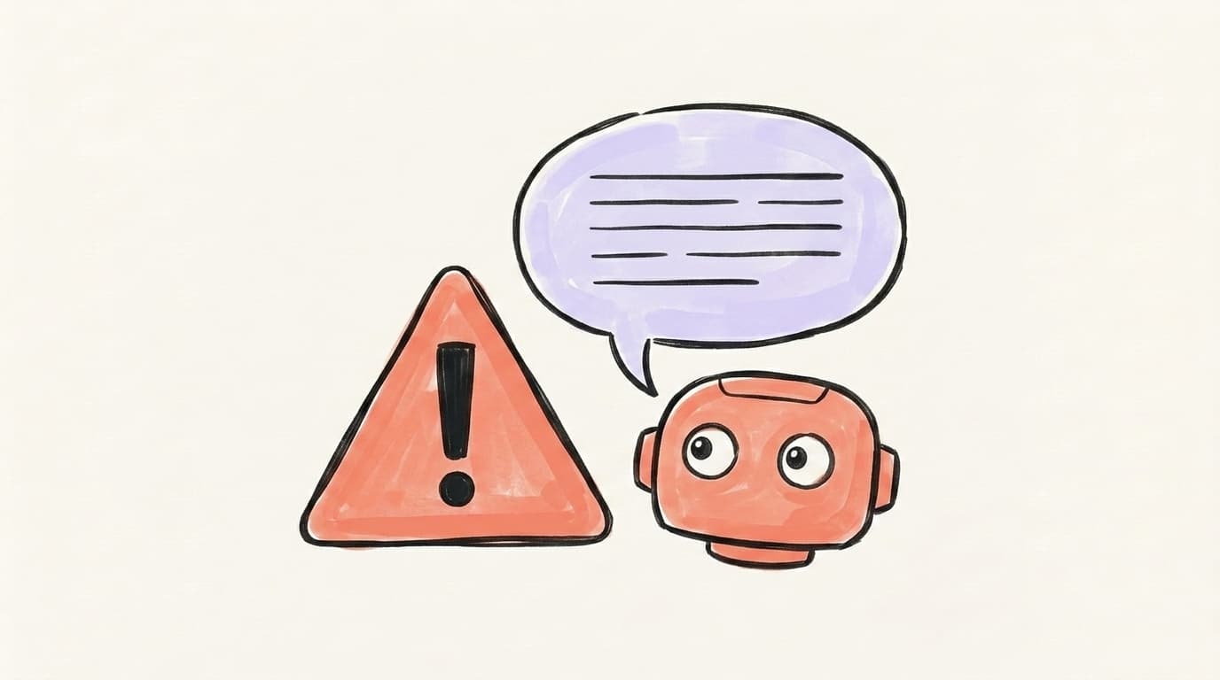 Hand-drawn warning triangle and friendly robot with a lavender speech bubble, representing AI limitations to watch for
