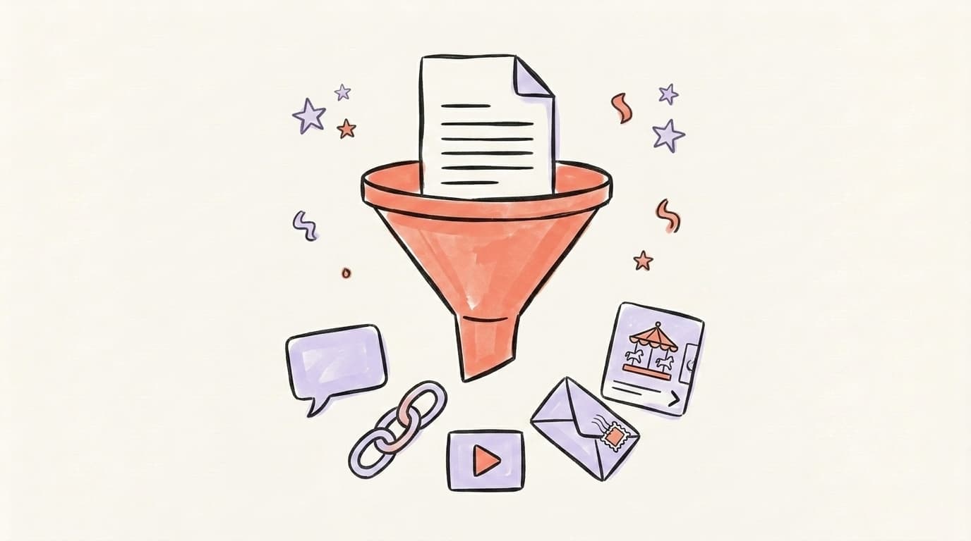 One document in, five content formats out — the AI repurposing funnel