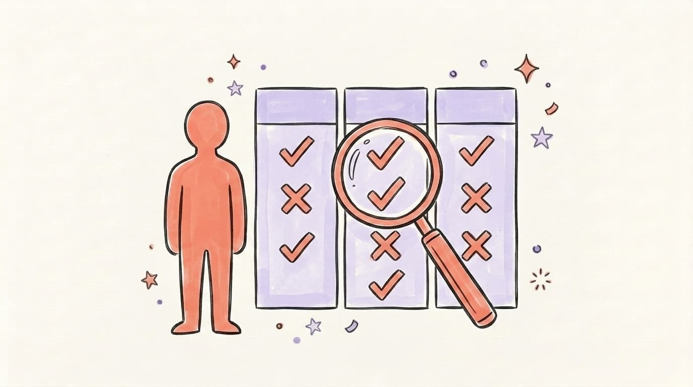 Person comparing AI social media tools on a checkmark chart