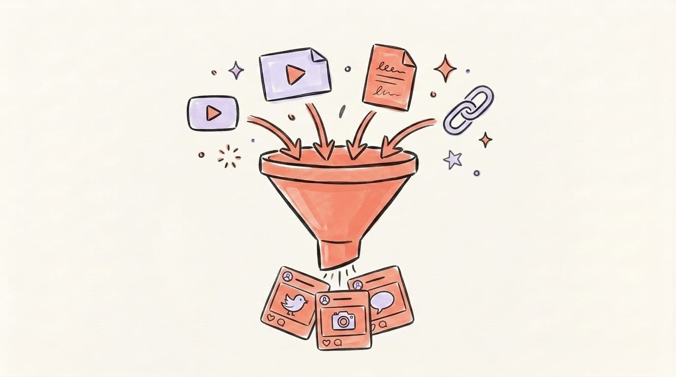 Funnel turning YouTube videos, files, documents, and links into social posts