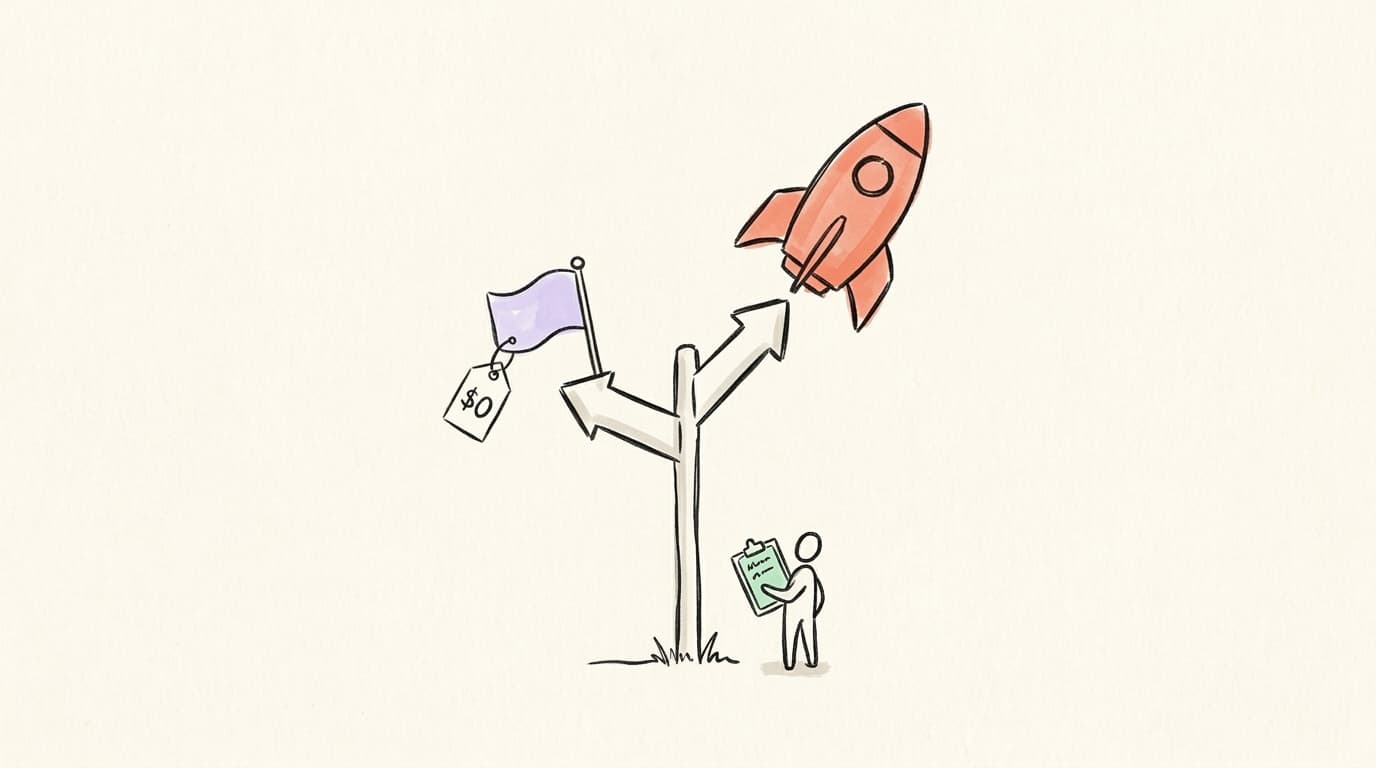 A hand-drawn signpost at a fork in the road with one arrow pointing to a free flag and another pointing up toward a rocket