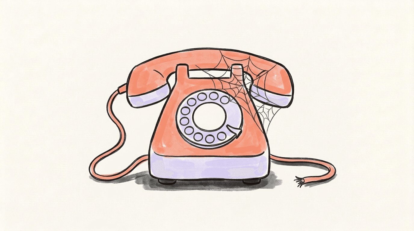 An old coral desk telephone with a cobweb across the handset and its cord cut