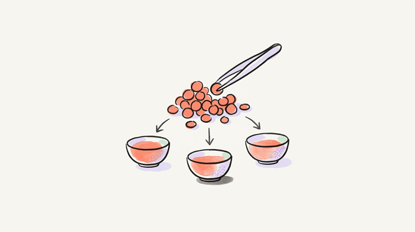 Tweezers picking coral circles from a pile, with arrows leading to three separate small bowls