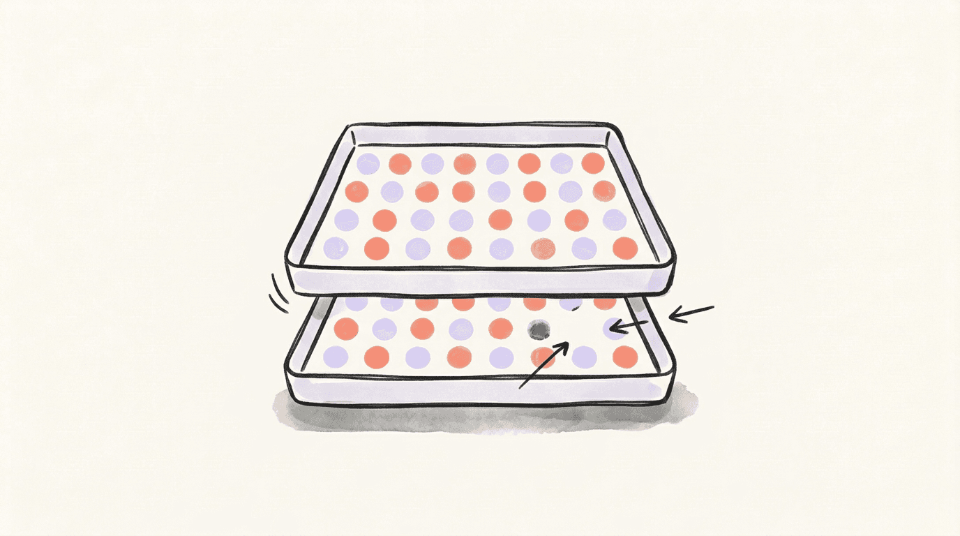 Two stacked trays of coral and lavender circles, ink arrows pointing at a dark gap in the lower tray