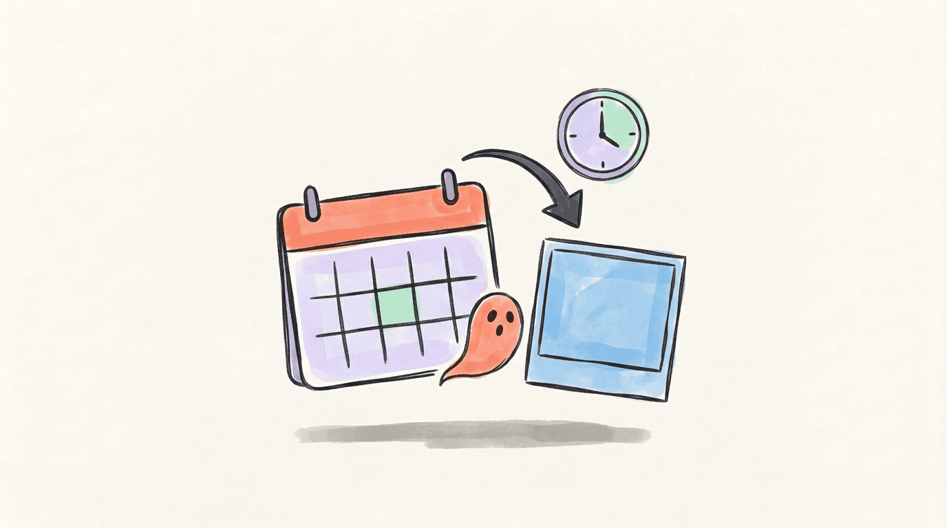 A calendar and a blue social post card linked by a clock