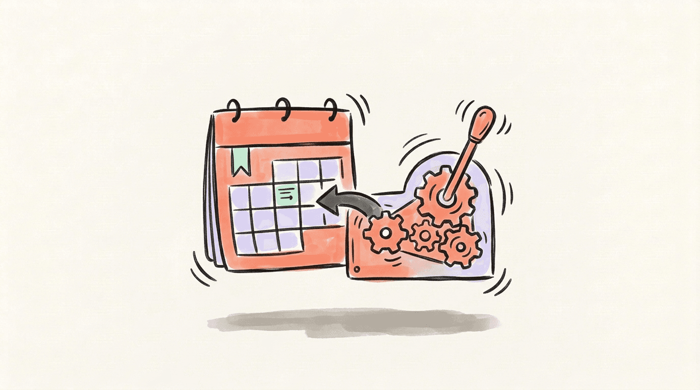 A wall calendar beside a small gear-driven machine with a lever, standing for a chat request compared with an automated workflow