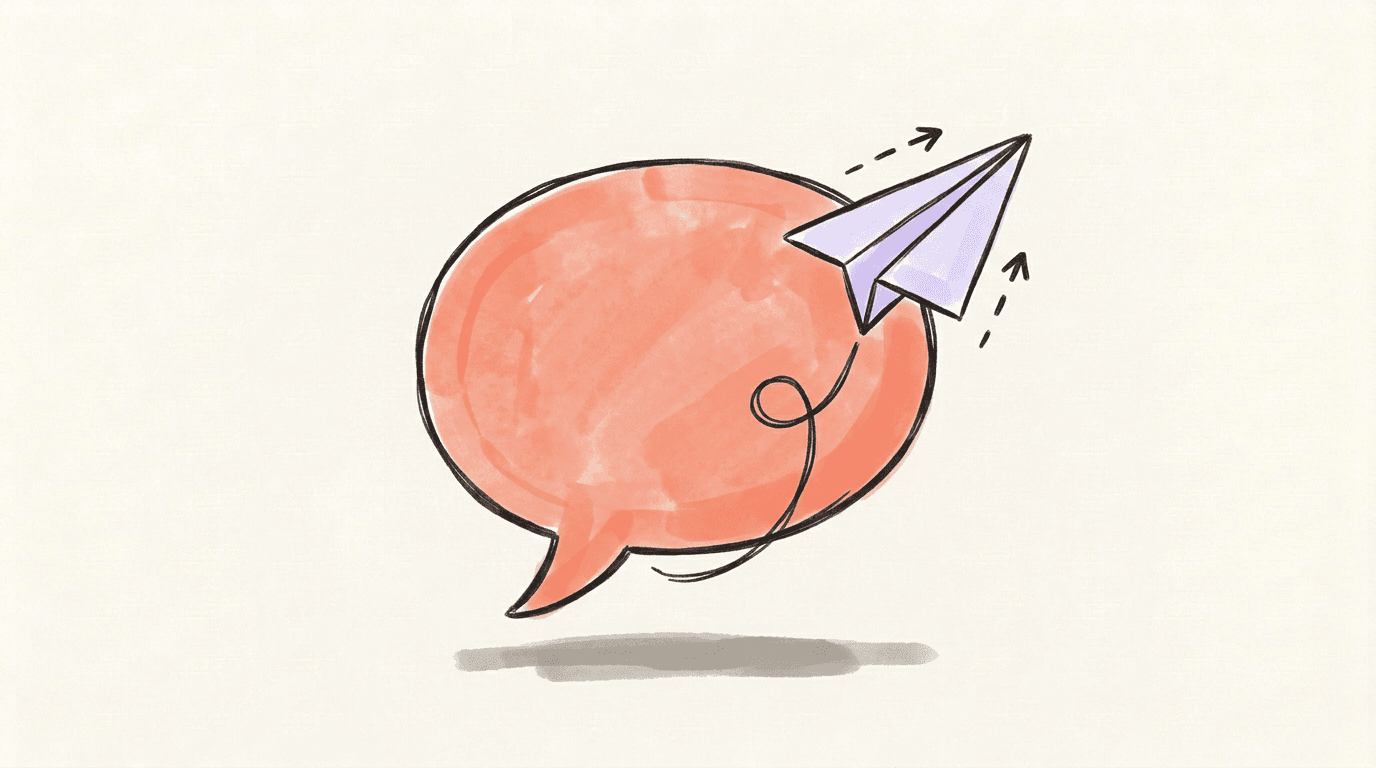 A coral chat speech bubble with a lavender paper airplane tied to it by a string, standing for posts sent to X from a ChatGPT chat