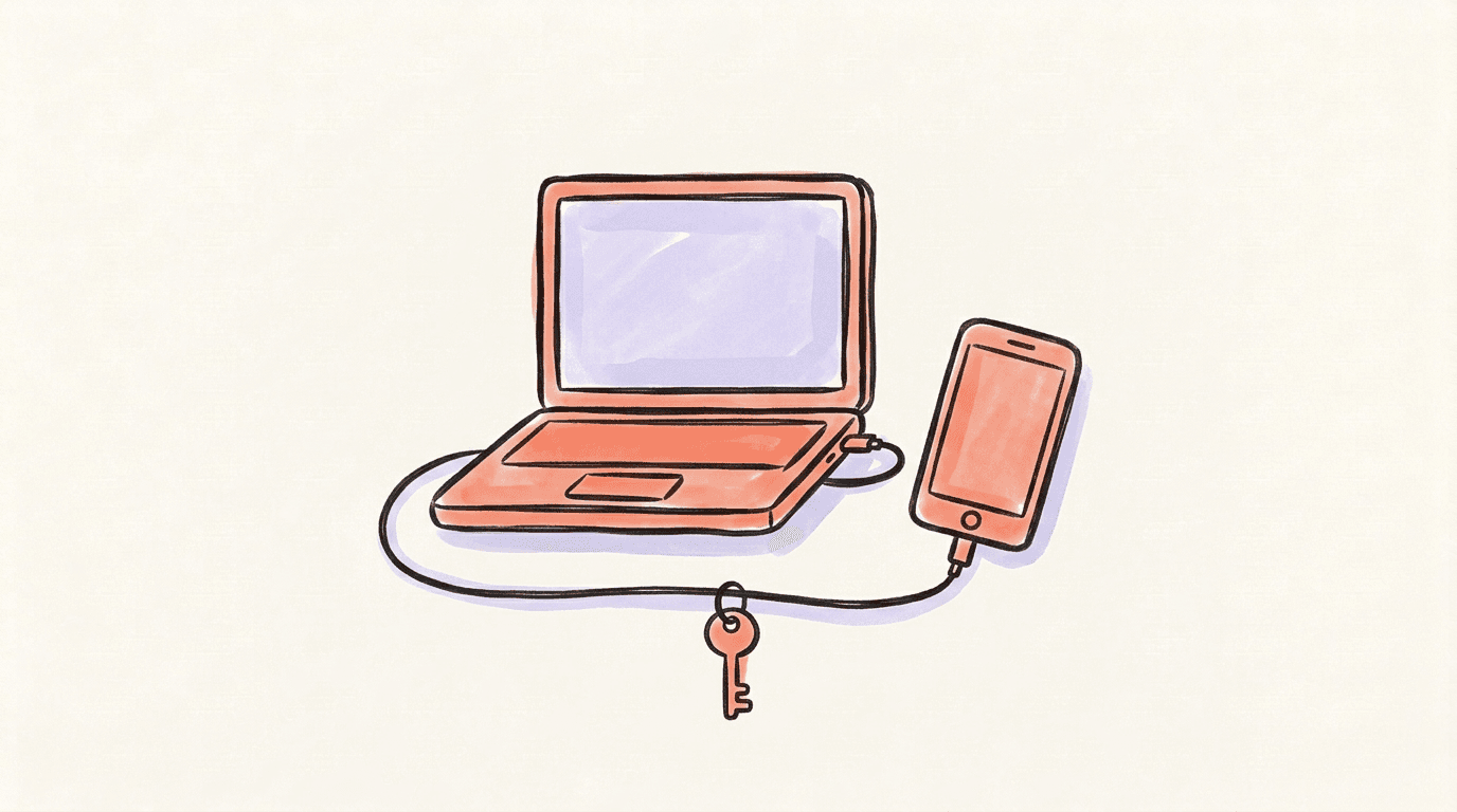A laptop cabled to a second device with a small key on the cord, standing for one Postory sign-in