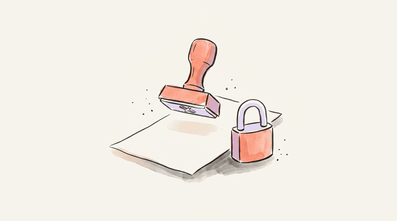 A rubber stamp hovering over a blank sheet of paper beside a closed padlock, standing for approval before publishing and the limits that stay locked